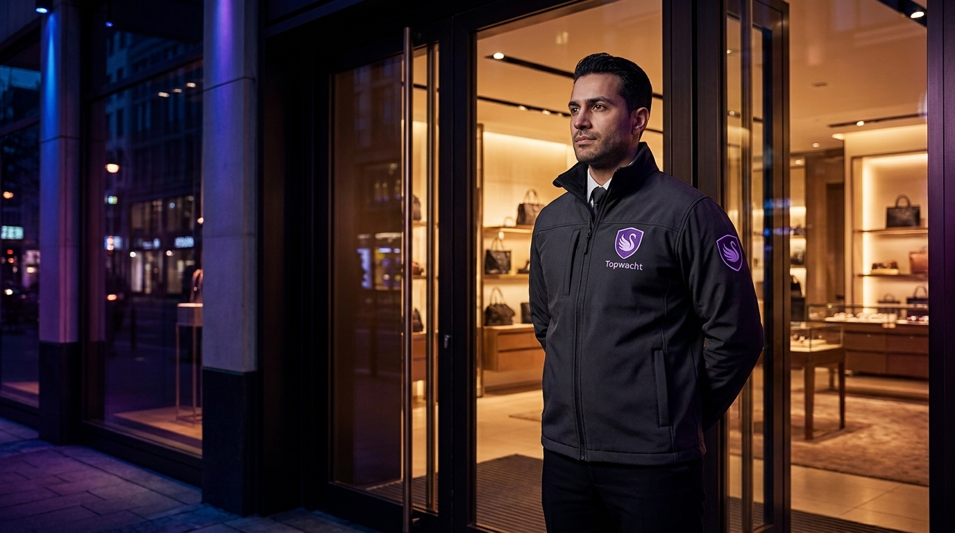 Portier in pak bij ingang van een winkel
