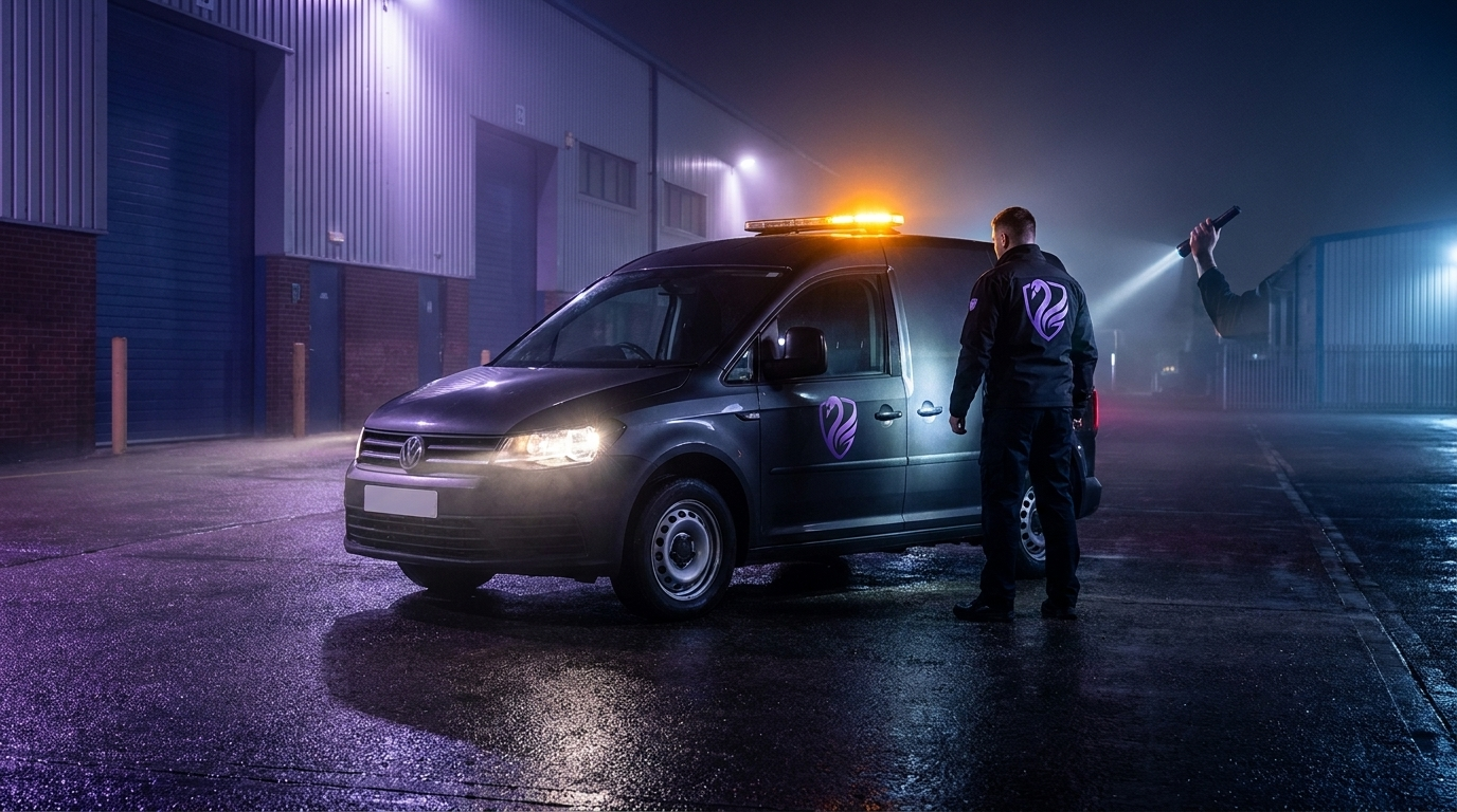 Mobiele surveillance-auto met zwaailichten bij een terrein