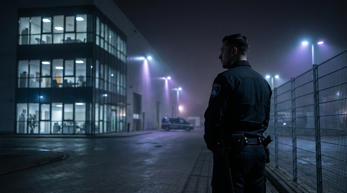 Beveiliger bij verlicht bedrijfspand in de avond
