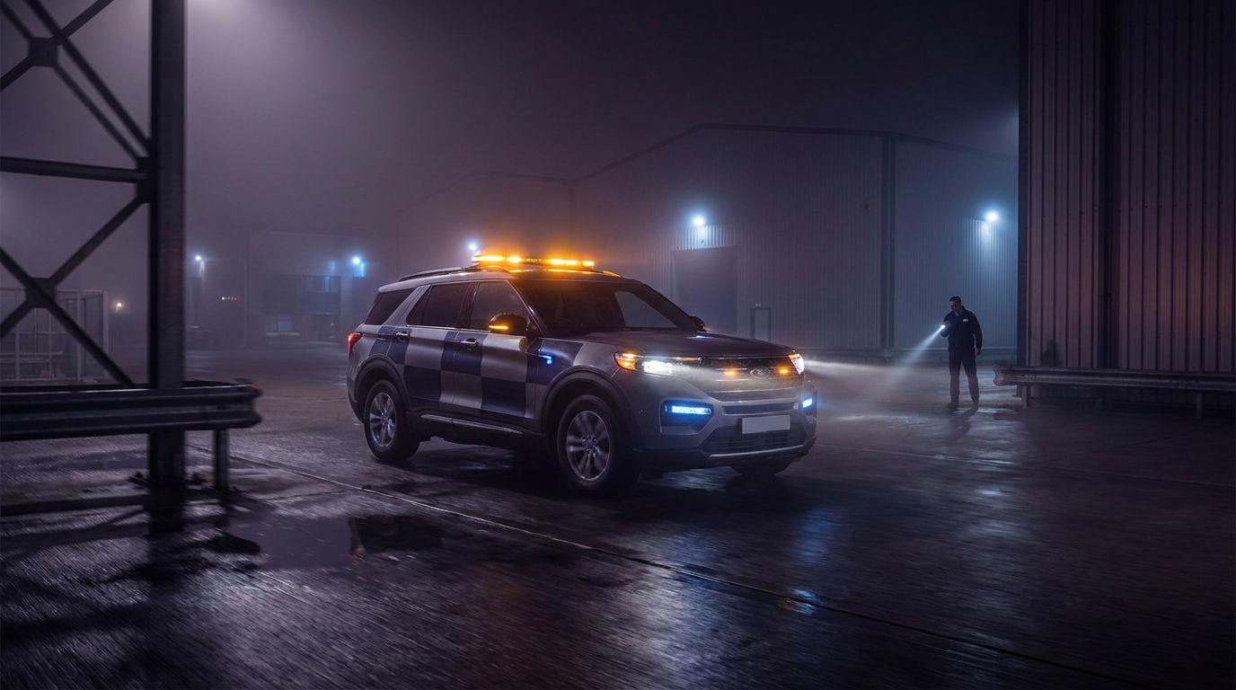 Mobiele surveillance-auto met zwaailichten bij een terrein