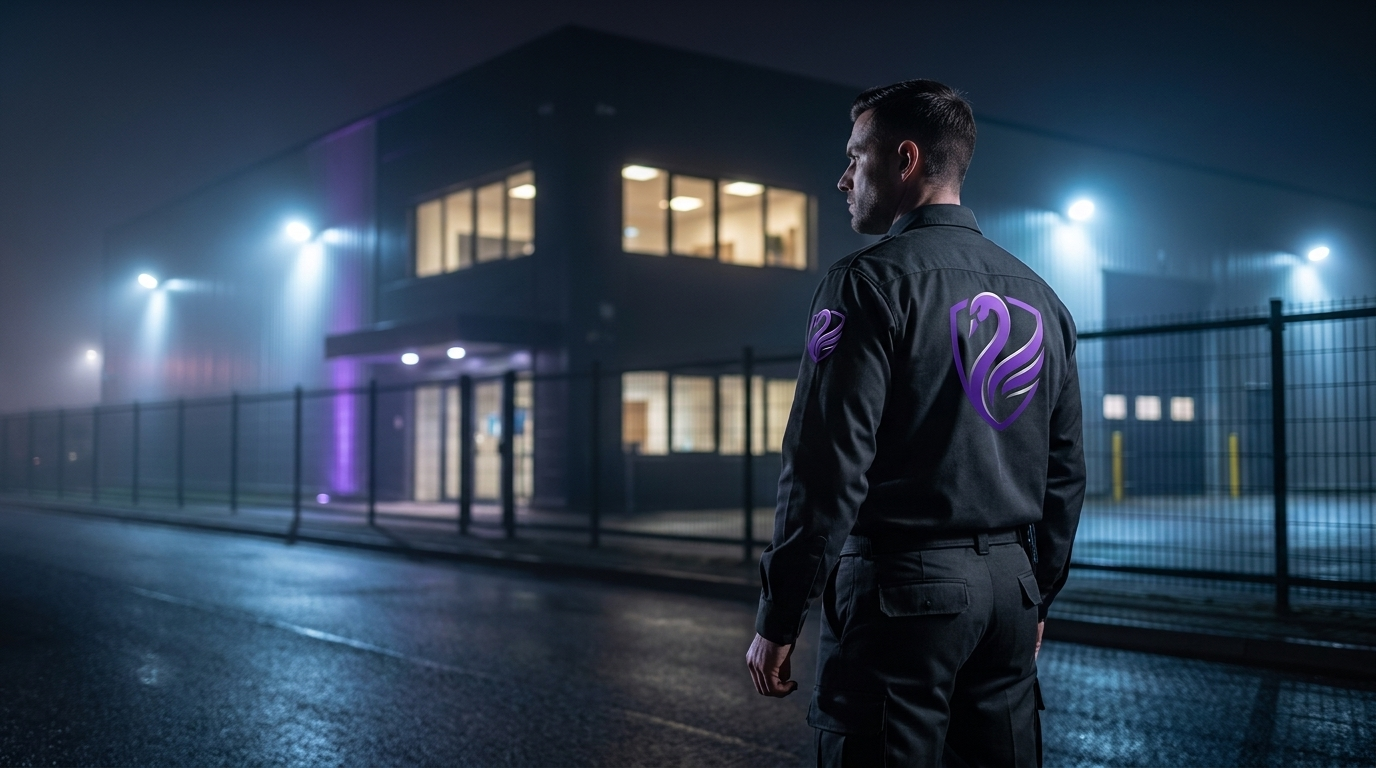 Beveiliger bij verlicht bedrijfspand in de avond